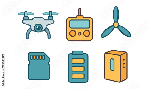 Colorful drone equipment set with remote, propeller, battery, and accessories in flat design