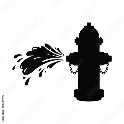 Silhouette of a black fire hydrant spraying water in a dynamic burst symbolizing emergency services and water supply