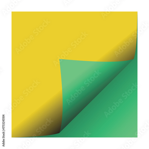 Bright yellow paper corner peel reveals green surface abstract design