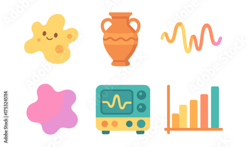 Playful abstract elements with cute amoeba and vibrant graphs in flat design
