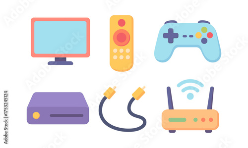 Flat design electronics set with tv, gamepad, remote, router, cable