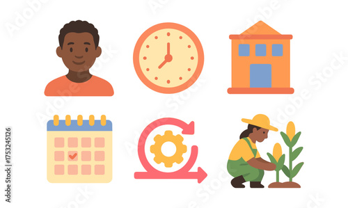 Flat design icons: diverse professions, agriculture, and time management