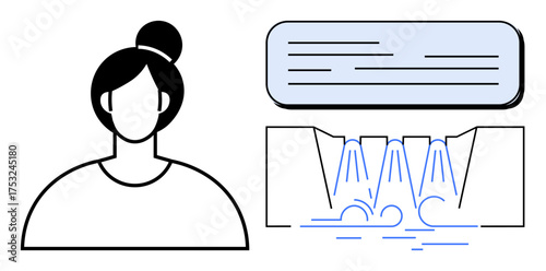 Female figure accompanied by sleek air conditioner and stylized waterfall representing cooling, sustainability, and renewal. Ideal for energy-saving, eco-living, climate, comfort, wellness, design