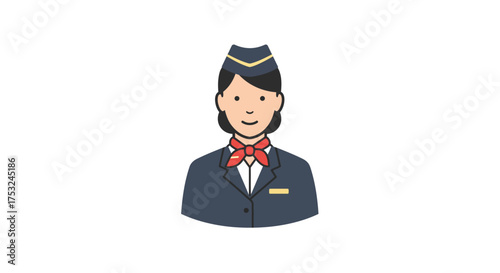 Friendly flight attendant avatar in uniform with bow tie on white background