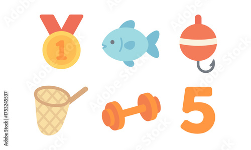 Colorful sport and hobby icons including medal, fish, dumbbell, and five