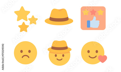 Flat emoji set with hats and stars: expressions and ratings