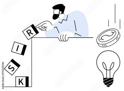 Man rearranging risk blocks as a coin signifies investment or value and a lightbulb represents ideas. Ideal for decision-making, innovation, risk-taking, investment, entrepreneurship
