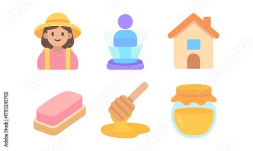 Colorful flat icons: person, virtual reality, home, soap, honey drip, jar