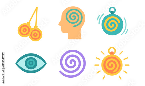 Hypnosis symbols collection: flat design spirals and icons for mind and meditation