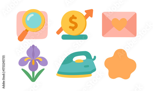 Colorful flat icons: magnifying glass, dollar chart, heart envelope, iris, iron, blob