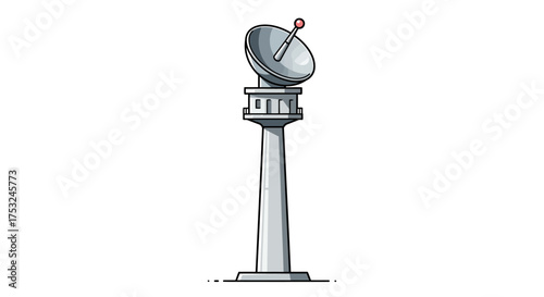 Tall communication tower with satellite dish on white background