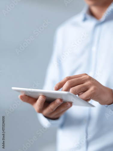 Focused businessman manager working on digital tablet. professional hand touching screen, approving business workflow with modern technology and concentration