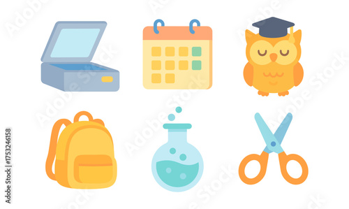 Colorful education and school icons set featuring owl, calendar, and backpack