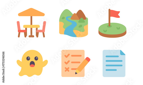 Colorful flat icon set including outdoor table, map, mini golf, ghost, checklist, and document