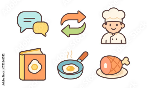 Flat icons of culinary elements: cooking, ingredients, and communication in soft tones
