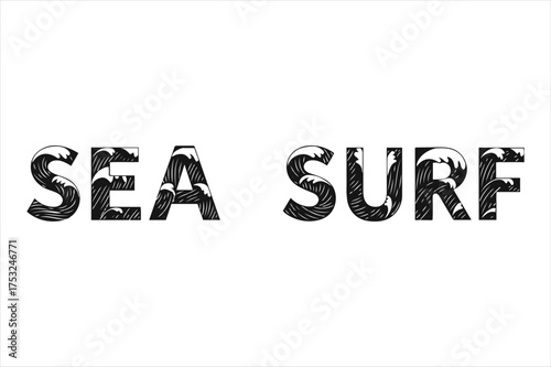 Rough textured grunge style typography 'sea surf' with water splashes and waves elements
