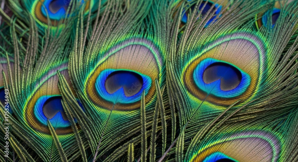Fototapeta premium Iridescent Peacock Feather Pattern with Blue and Green Hues