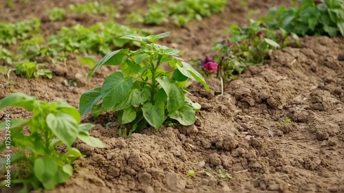 Wallpaper Mural Dynamic Close-Up of Young Pepper and Basil Plants Thriving in a Fertile Garden Bed Torontodigital.ca
