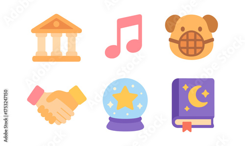 Colorful flat style icons: music, history, animals, business, magic, and literature