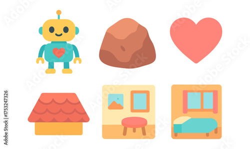 Cute robotics and home elements in flat style design