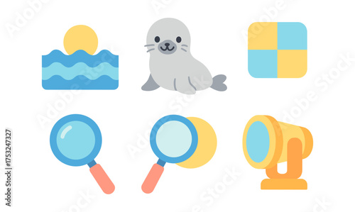 Cute flat icons of seal, water waves, and magnifying glass