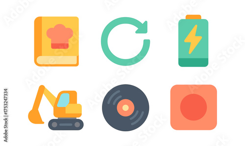 Colorful flat icons of various everyday objects for digital and print media