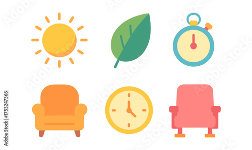 Colorful flat icons set featuring sun, leaf, stopwatch, clock, armchair, and theater seat
