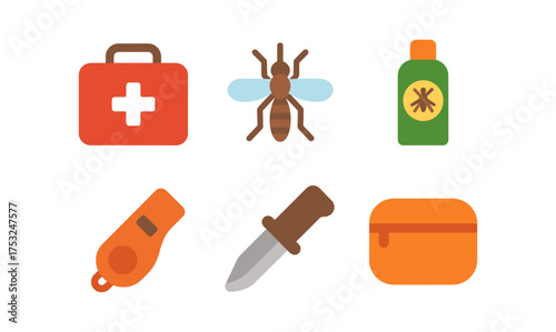 Essential camping and hiking gear icons for outdoor safety preparation