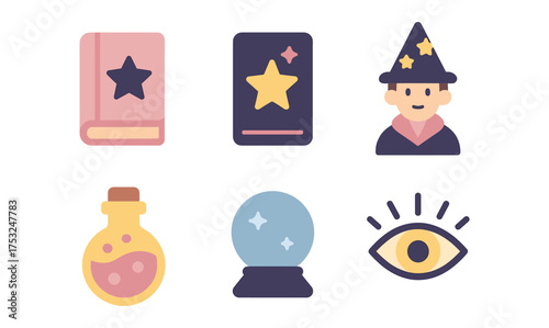 Flat design magic icons set: book, potion, wizard hat, eye, crystal ball