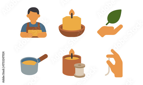 Eco-friendly candle making icon set: flat design with crafting and natural elements