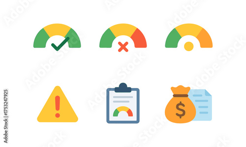 Colorful gauges and financial icons for performance and risk assessment