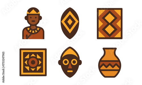 Tribal art icons: traditional patterns and cultural symbols in flat design