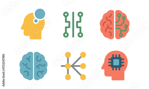Colorful brain and technology icons set: neural connections and artificial intelligence