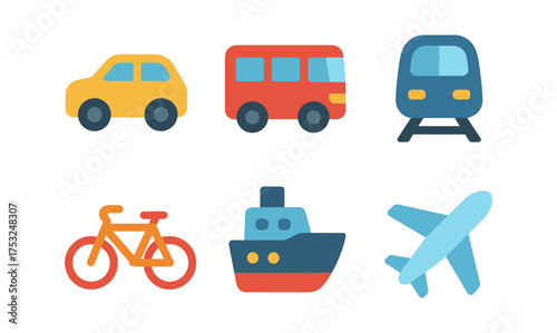 Colorful flat icons of various transportation modes for travel concepts