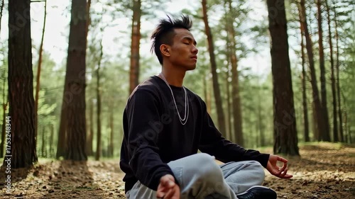 Wallpaper Mural Modern Asian Man Meditating Peacefully in a Tranquil Pine Forest, Finding Inner Calm Torontodigital.ca