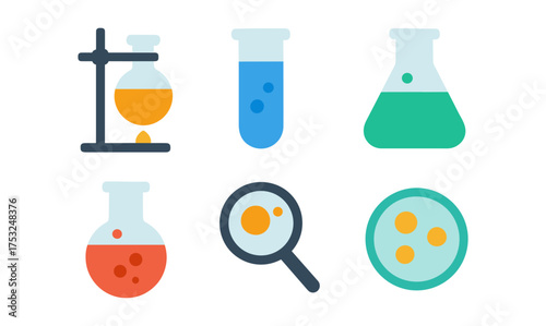 Colorful flat style lab equipment and chemical icons set
