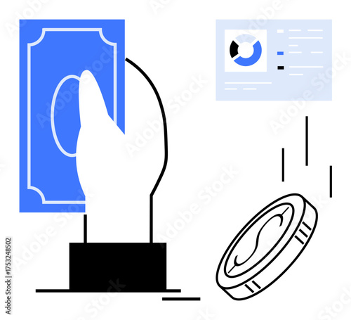 Hand holding cash, falling coin, and data chart highlighting concepts of money management, financial transactions, budgeting, e-commerce, payment processing, investments wealth building. Clean flat
