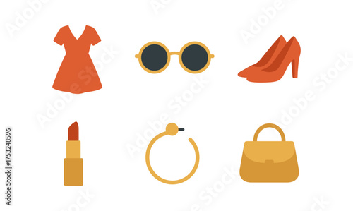 Chic fashion icons set with dress, sunglasses, and accessories in flat style