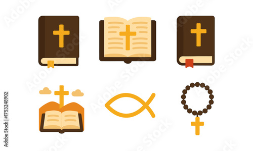 Christian symbols collection: bibles, cross, rosary, and fish icons in flat design