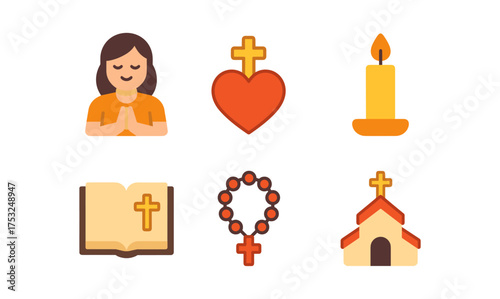 Flat style religious icons set featuring praying woman, cross, candle, bible, rosary, church