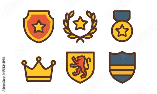 Vintage emblem set with shields, medals, and crown in flat design