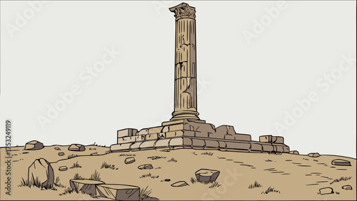 Illustration of a weathered stone column standing on a rocky outcrop, reminiscent of ancient ruins and historical landmarks in a desolate landscape