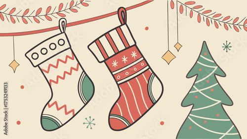 Illustration of christmas stockings and a tree, evoking festive cheer and holiday spirit with traditional decorations