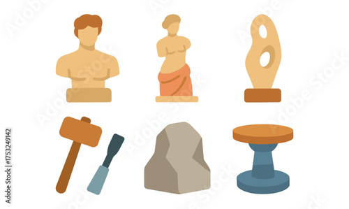 Minimalist art icons set: busts, statues, and sculpting tools for creative design