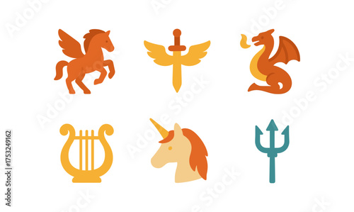 Mythical creatures and symbols set in flat style with pegasus and unicorn