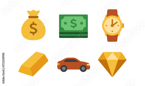 Colorful icons of money and luxury items: bag, cash, watch, gold, car, diamond