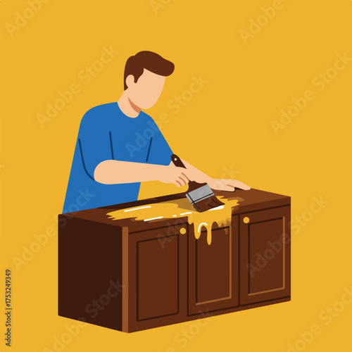 Person painting a brown cabinet with yellow paint using a brush