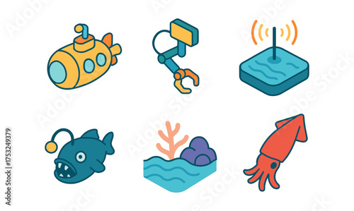 Colorful underwater exploration icons with submarine and sea creatures