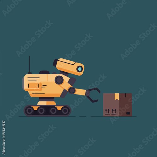 Yellow robot with claw arm reaches for brown package