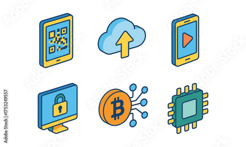 Isometric technology icons: qr, cloud, mobile, security, bitcoin, chip